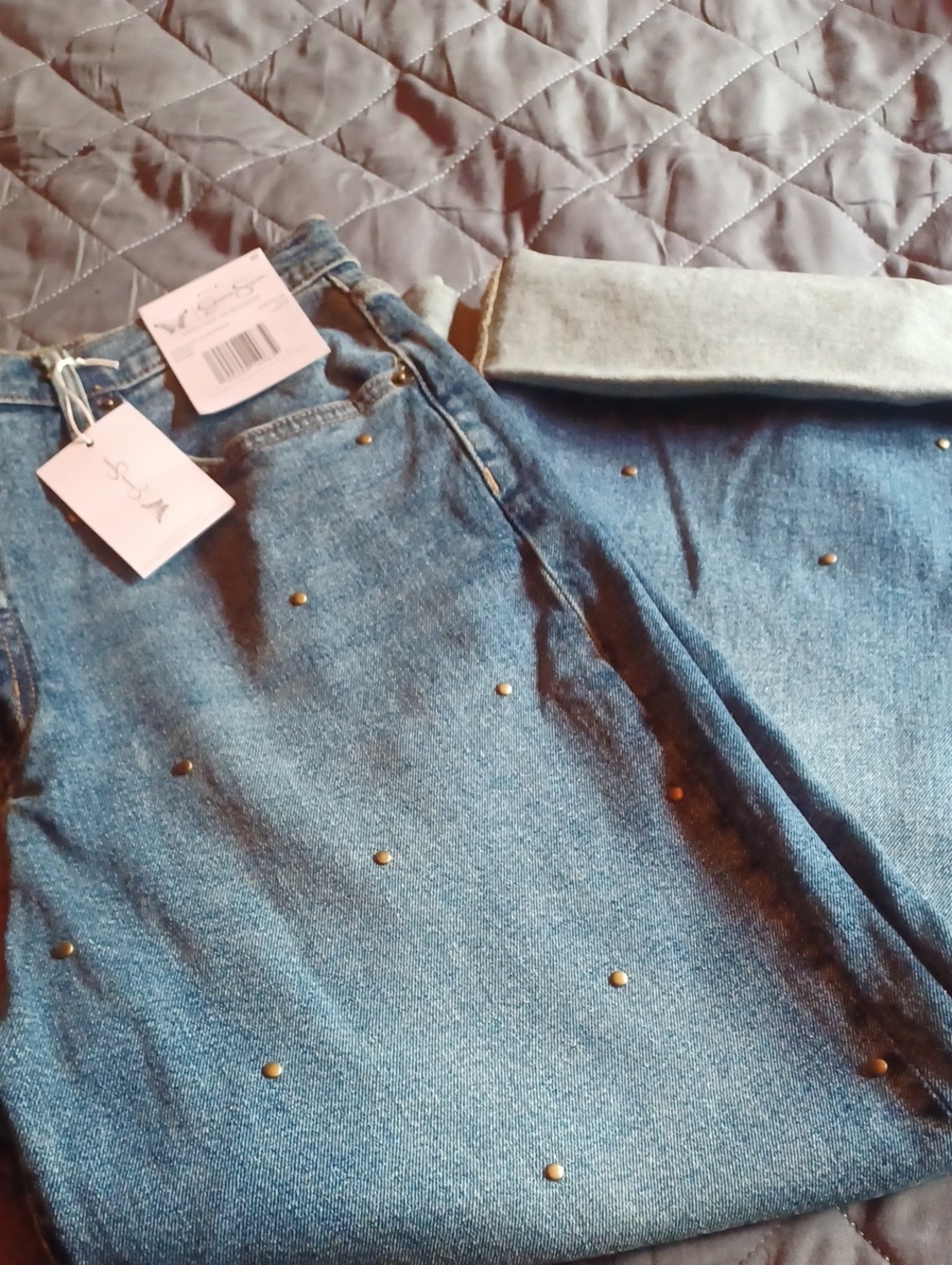 Jessica Simpson Blue Wide-Leg Boyfriend Cut Jeans with Gold Studs